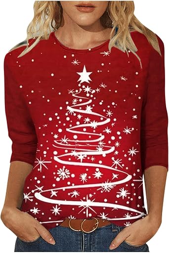 Christmas Shirts for Women 3/4 Length Sleeve Sparkly Xmas Tree Print Tee Tops Three Quarter Sleeve Holiday Tunic Blouse