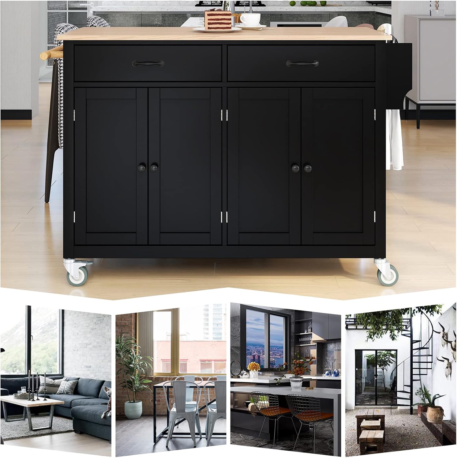 54.3 Inch Rolling Mobile Kitchen Island, Kitchen Island Utility Cart with 2 Drawers and 2 Cabinets Kitchen Island Cart with Spice Rack, Towel Rack, for Dining Room, Living Room & Bedroom