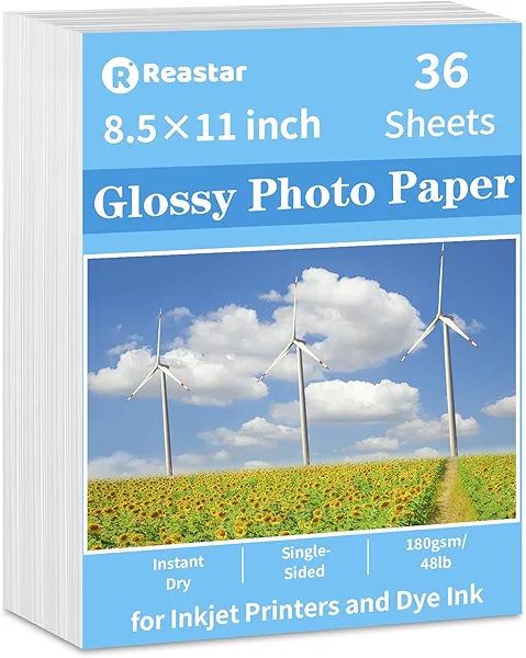 Reastar Glossy Photo Paper 8.5 x 11, 36 Sheets Inkjet Photo Printer Paper, Instant Dry Picture Paper for DIY Chip Bag, Flyers, Cards, Calendars and Brochures(180gsm/48lb)
