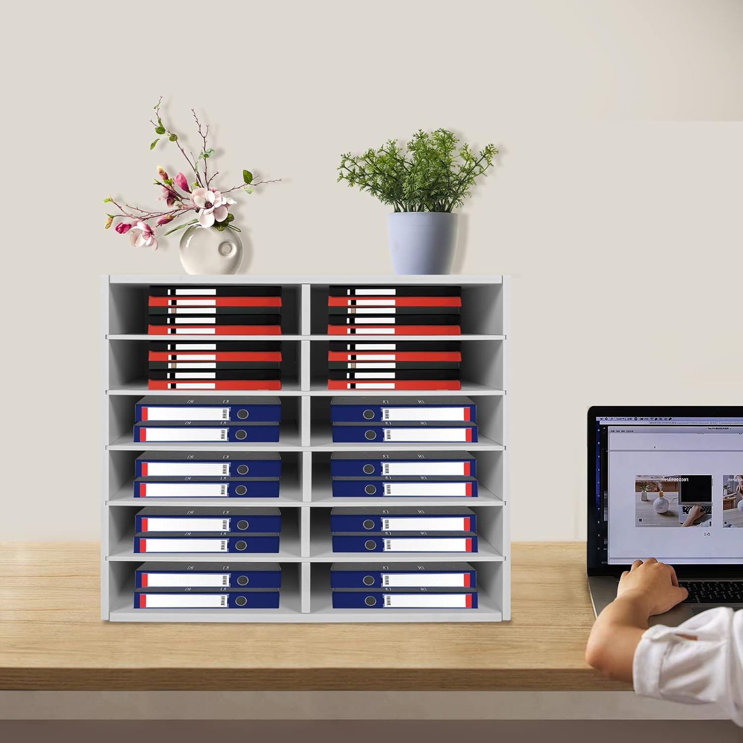 Desktop Literature Organizer with 12 Compartments, Adjustable File Sorter Mail Center Magazine Holder Paper Storage Cabinet Classroom Keepers for Office, 19.3 * 12 * 16inch (White)