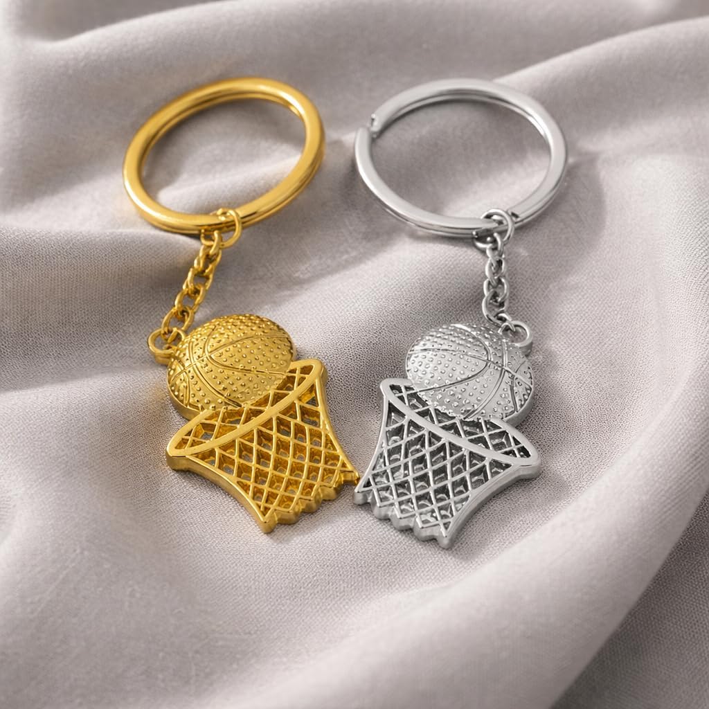 4PC Basketball Keychain with Hoop Metal Sports Keyring Gift for Basketball Lovers Gold and Silver