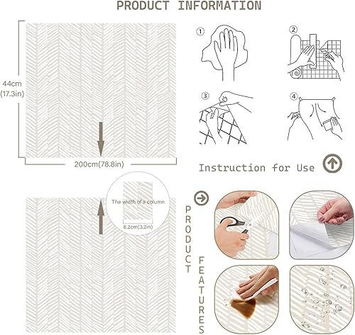 Miniatura 3 de Papel tapiz a rayas para dormitorio, 17.3 x 78.8 pulgadas, papel de pared blancobeige, papel de espiga autoadhesivo, extraíble, papel tapiz de línea