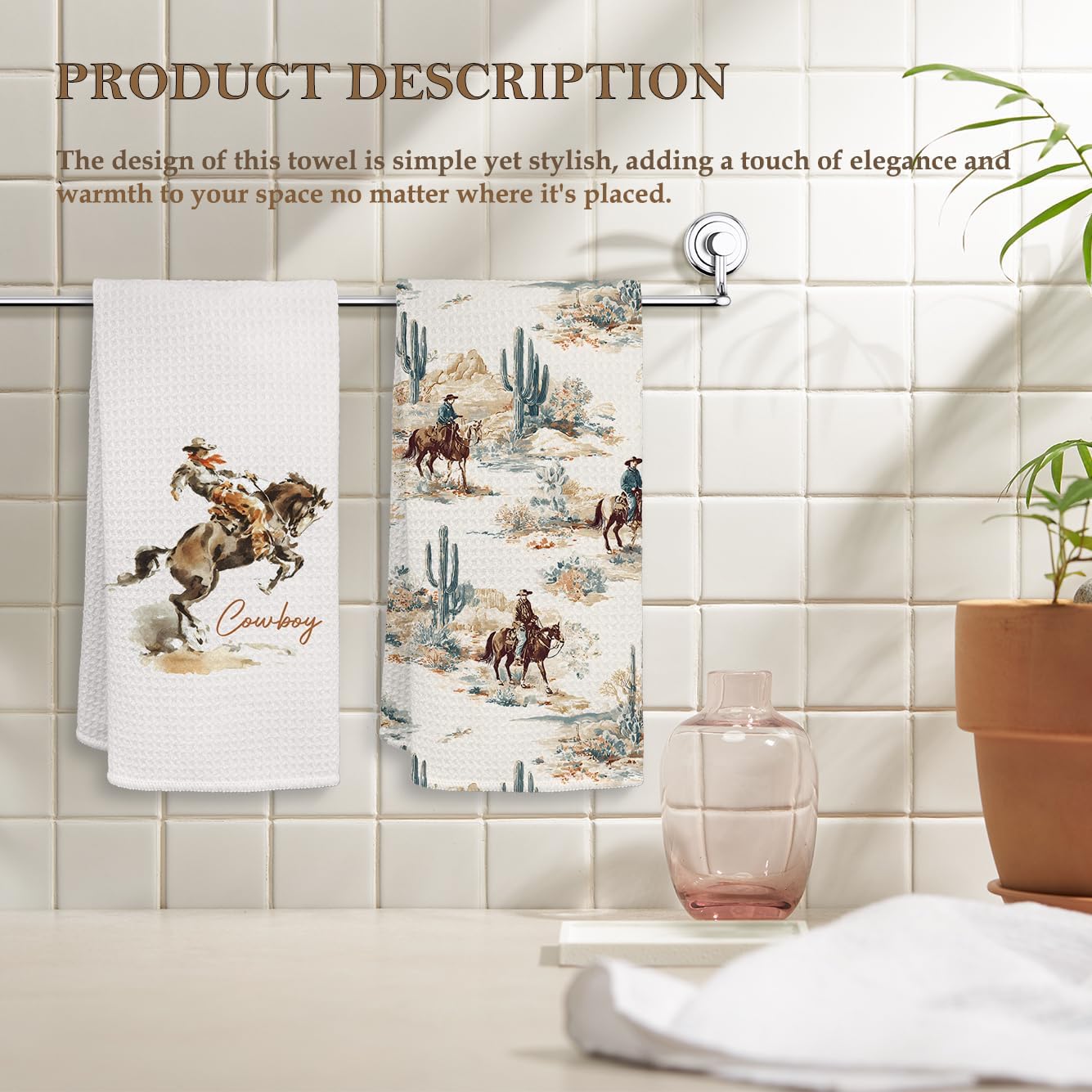 HIWX Vintage Western Kitchen Towels, Rustic Western Decorative Kitchen Dish Towels, Cowboy Riding on Horse Rodeo Hand Towel for Bathroom Decor, Cowboy Gifts for Men, 16x24 Inches Set of 2 image 2