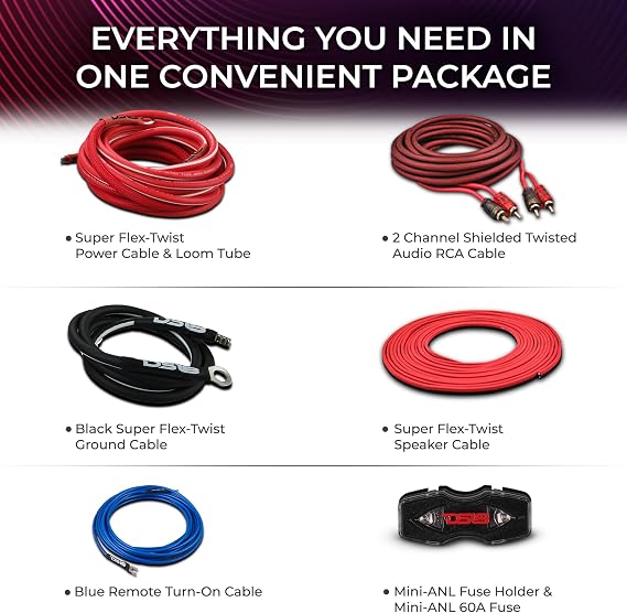 DS18 AKIT8.PU 8-GA Amplifier Installation Wiring Kit - Up to 840W Max, ANL Fuse Holder with 60A, Speaker & RCA Cables, CCA Amplifier Wiring Kit, Ultra Flex Wire, Amp Wire Kit 8 Gauge - Purple