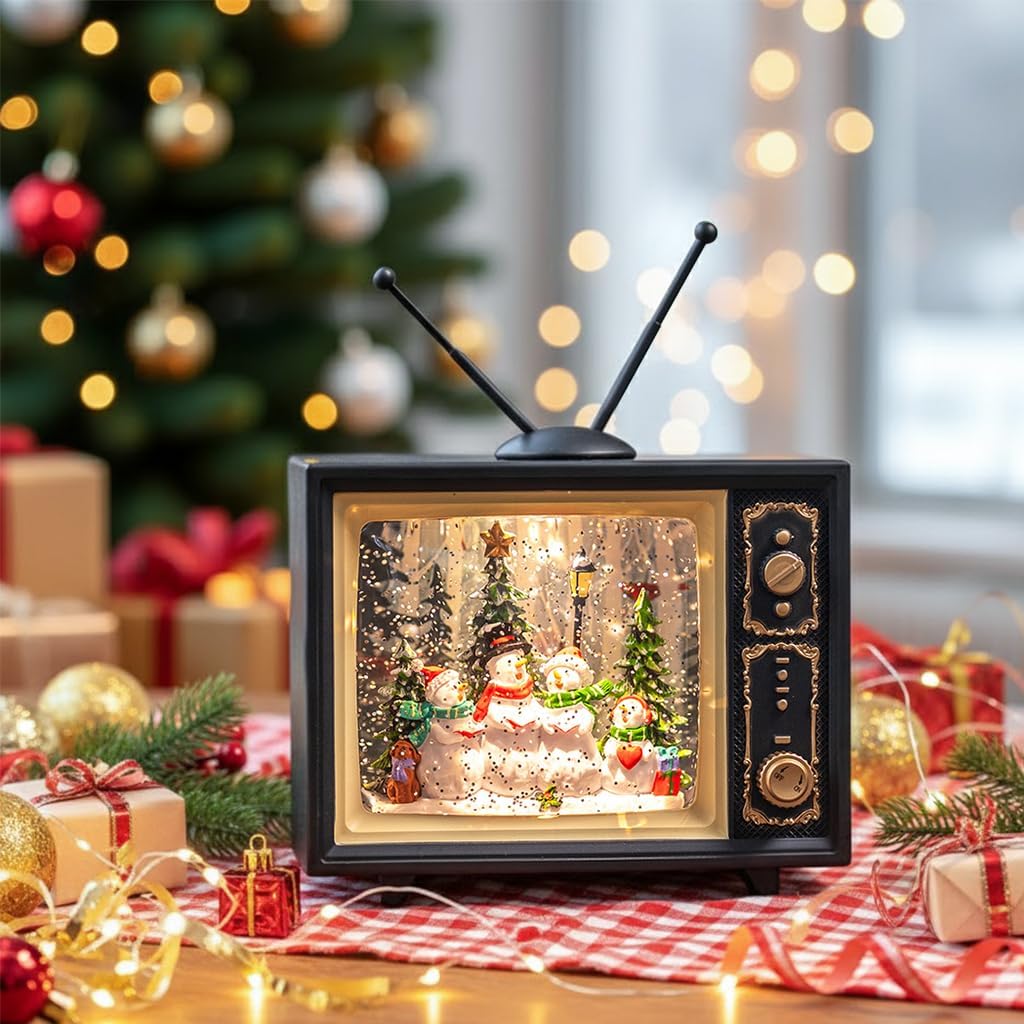 Christmas Snow Globe Lantern, Sparkling Musical Snowman Choir TV Snow Globe, Battery or USB Powered, with 6-Hour Timer, Holiday Decor Gift Christmas Lantern