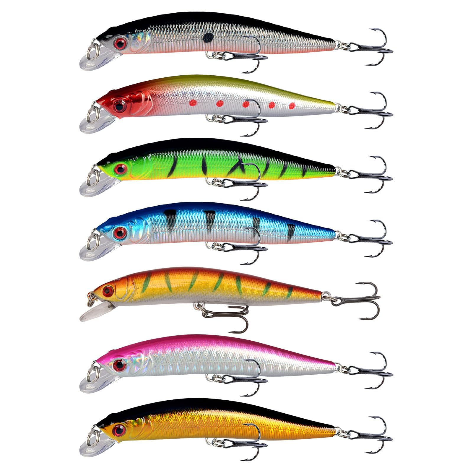 7Pcs Fishing Lures Sea Water Fishing Minnow Lures Topwater Swimbait Bass Trout Mackerel Fish Bait Realistic Hard Baits Popper Plugs with 3D Eyes for Saltwater Freshwater Multicolour