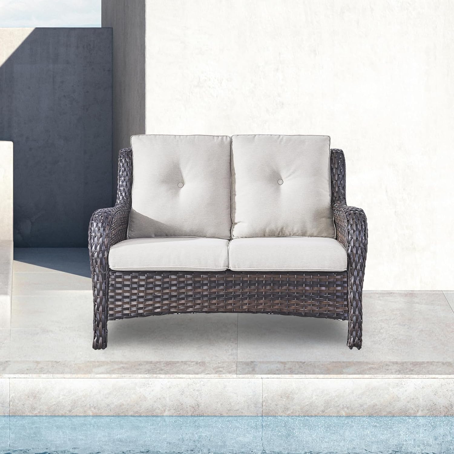 Outdoor Loveseat Wicker Patio Couch - 2-Seater Rattan Patio Sofa with Deep Seating and Comfortable Cushions for Outside Porch Deck Poolside Balcony(Brown Wicker/Beige Cushion)