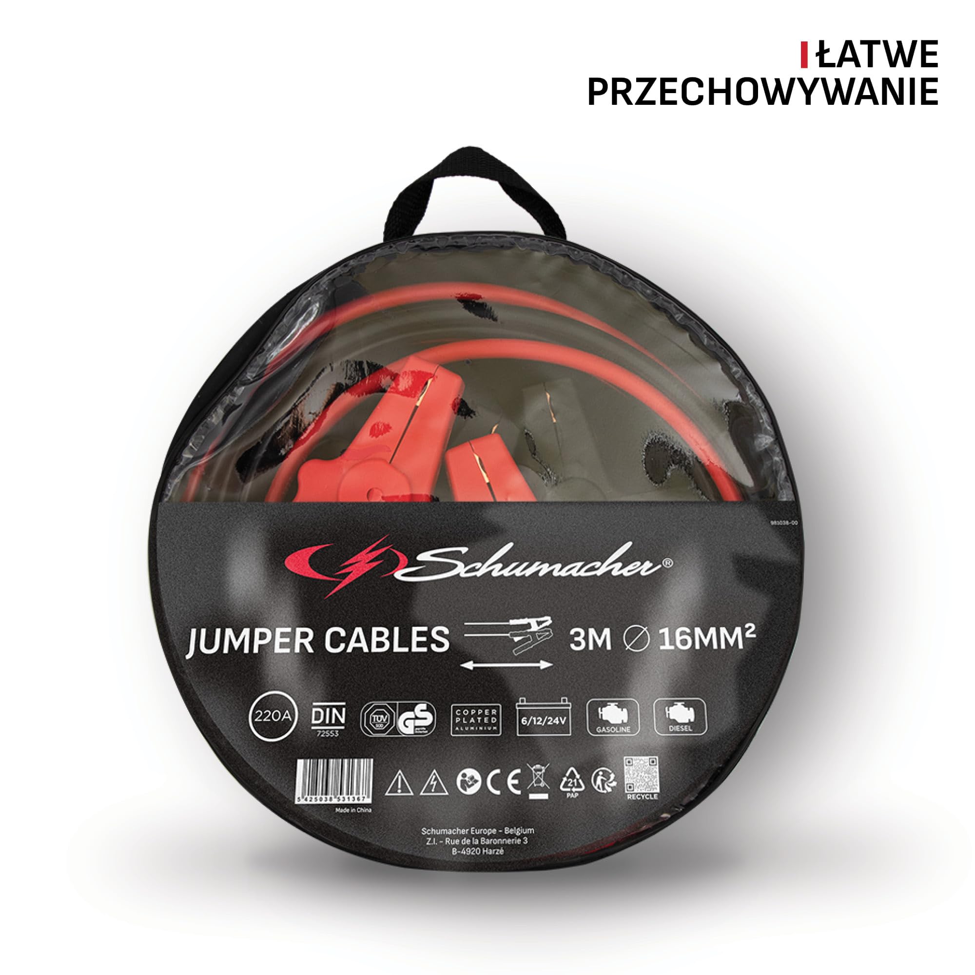 Schumacher Electric - Kable rozruchowe 3m, 16mm2 - Akumulator 6V/12V/24V - Do samochodu, furgonetki, kampera - Izolowane zaciski, torba nylonowa - Certyfikat GS/TUV