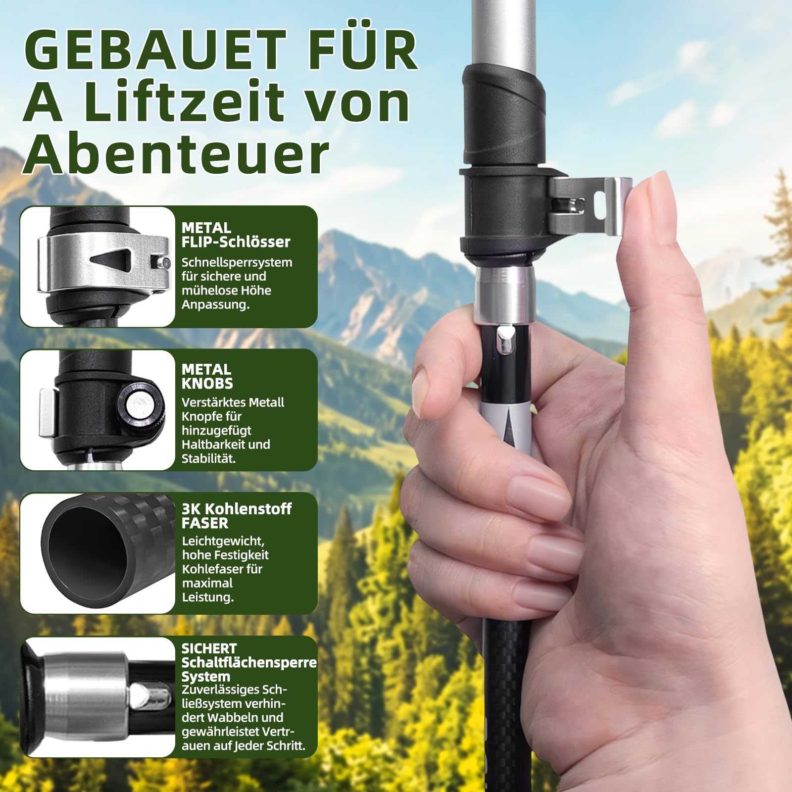 3K Carbon Trekkingstöcke Faltbar, Ultraleicht, 3-Fach Klappbar, Höhenverstellbar mit Korkgriff und Schnellverschluss, Wanderstöcke für Damen und Herren, Orange