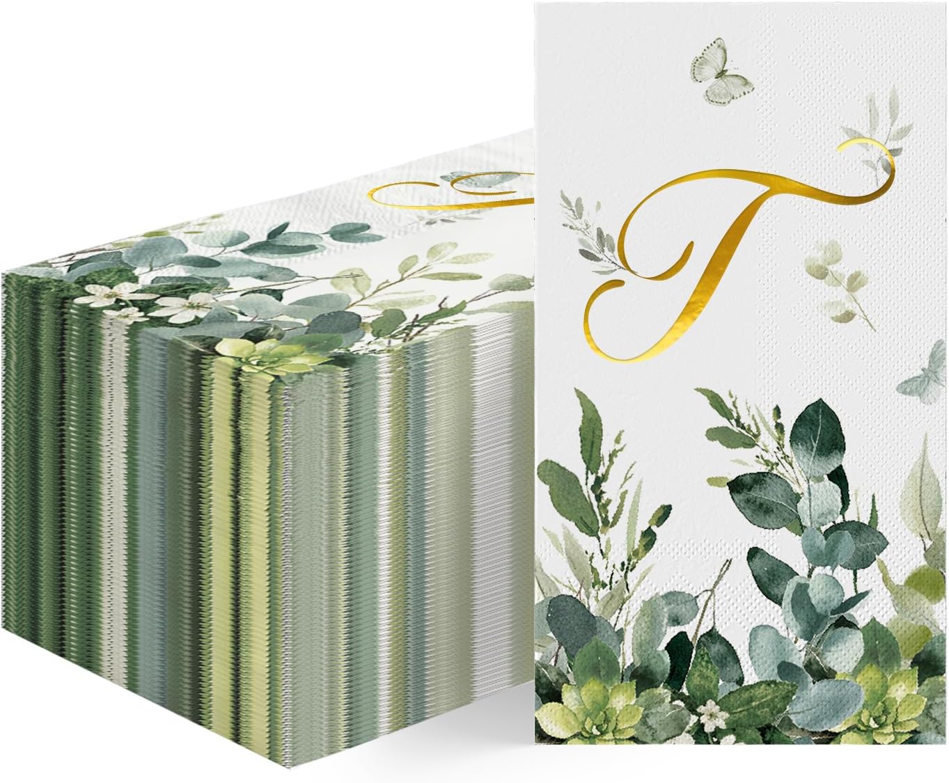 Horaldaily 100 Spring Disposable Paper Decorative Guest Napkins, Watercolor Eucalyptus Monogram Gold Foil Letter T for Party Bathroom Wedding Birthday Baby Shower