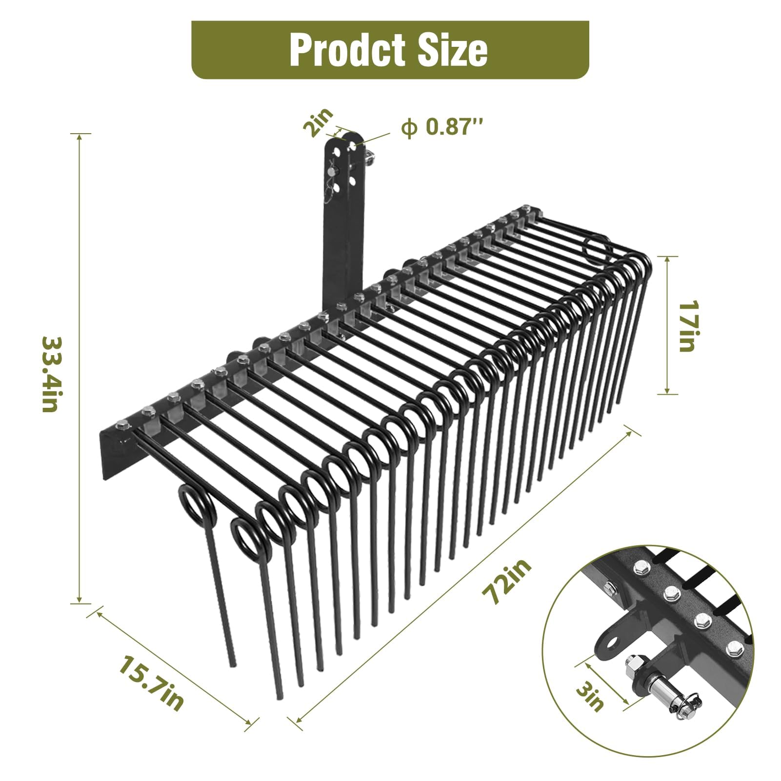 Garvee Rastrillo para Tractor 183 cm, Púas Acero, 3 Puntos, Negro