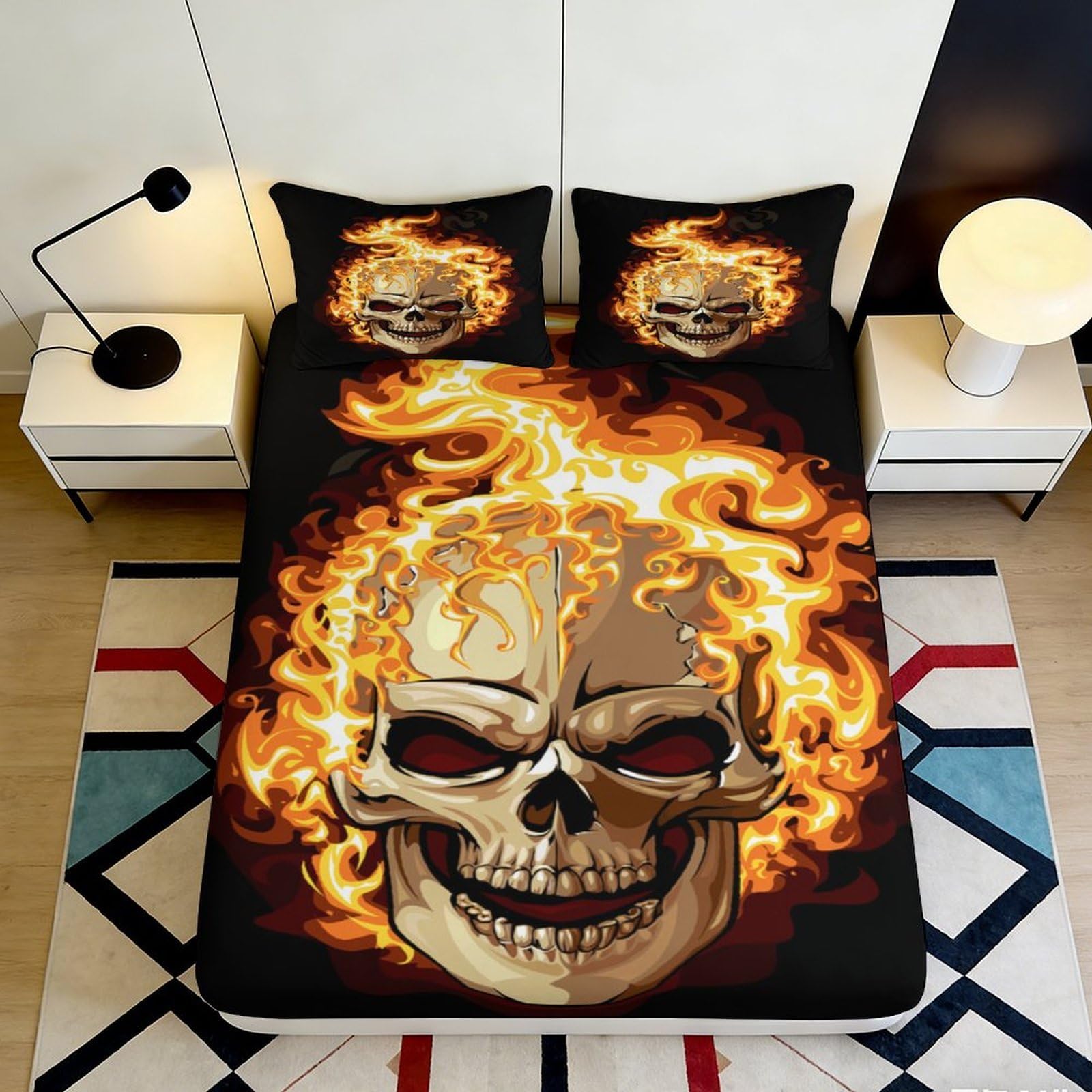 3D Printed Flaming Skull Fitted Sheet Microfiber Bed Cover Fire Skeleton Mattress Protector for Bedroom Dorm Decor 120x200x25cm