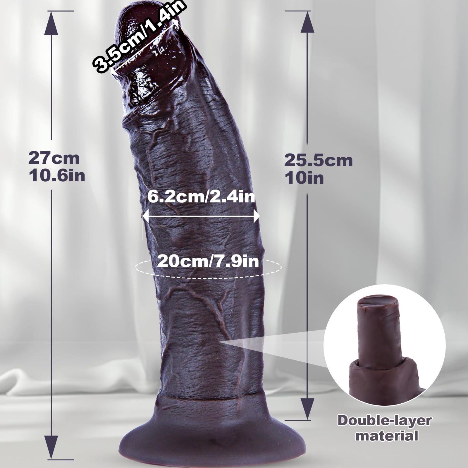 Dildo gigante extra spesso in silicone a doppia densità con ventosa da 6,2 cm di diametro, enorme dildo realistico nero da 27 cm, dildo extra large per uso vaginale e anale, per utenti esperti