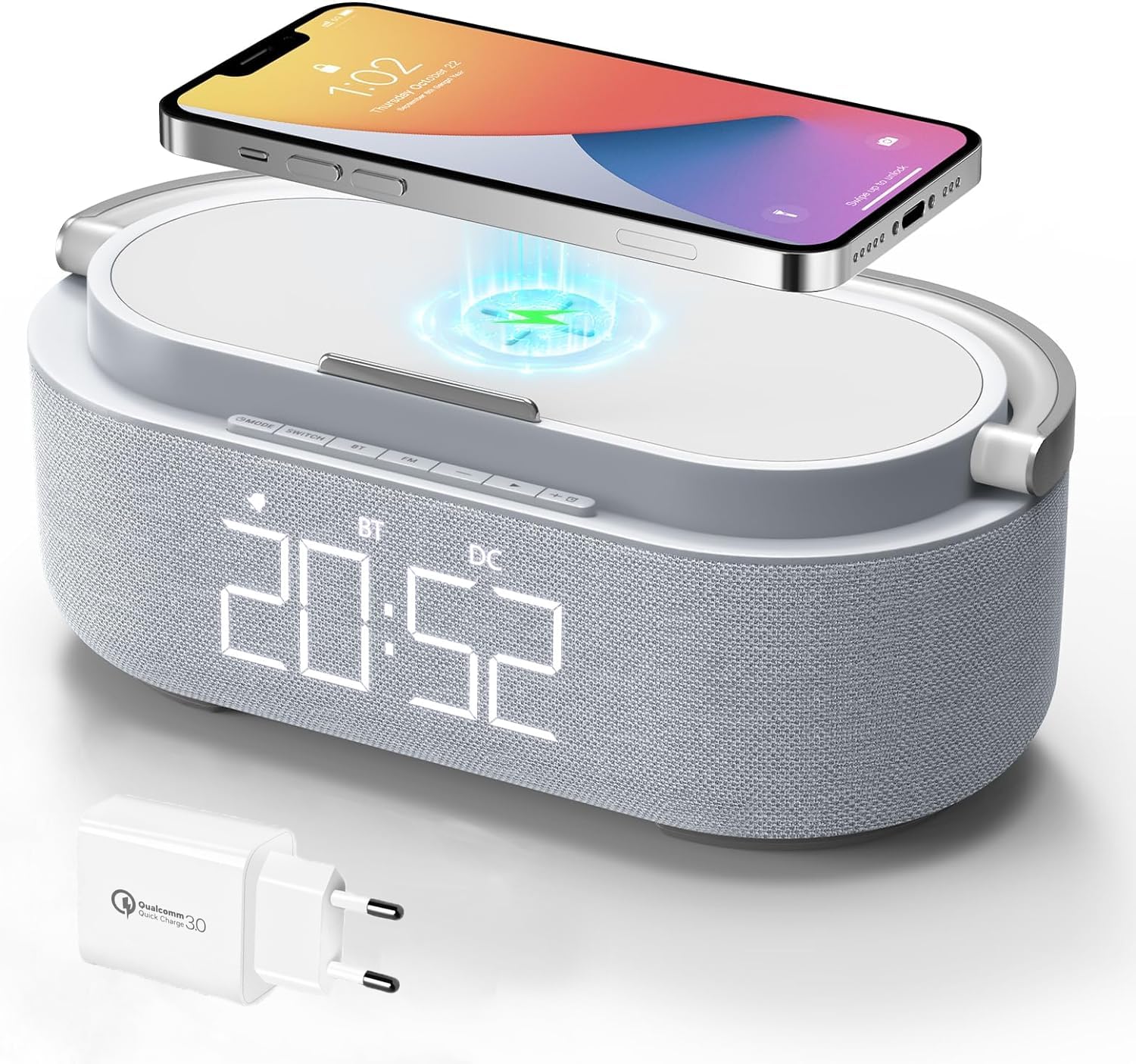 COLSUR Radiosveglia Digitale con Ricarica Wireless, Radio FM Sveglia con Allarme con Timer di Speaker Bluetooth Portatile, USB Luce Noctturna, Display LED Regolabile Grigio