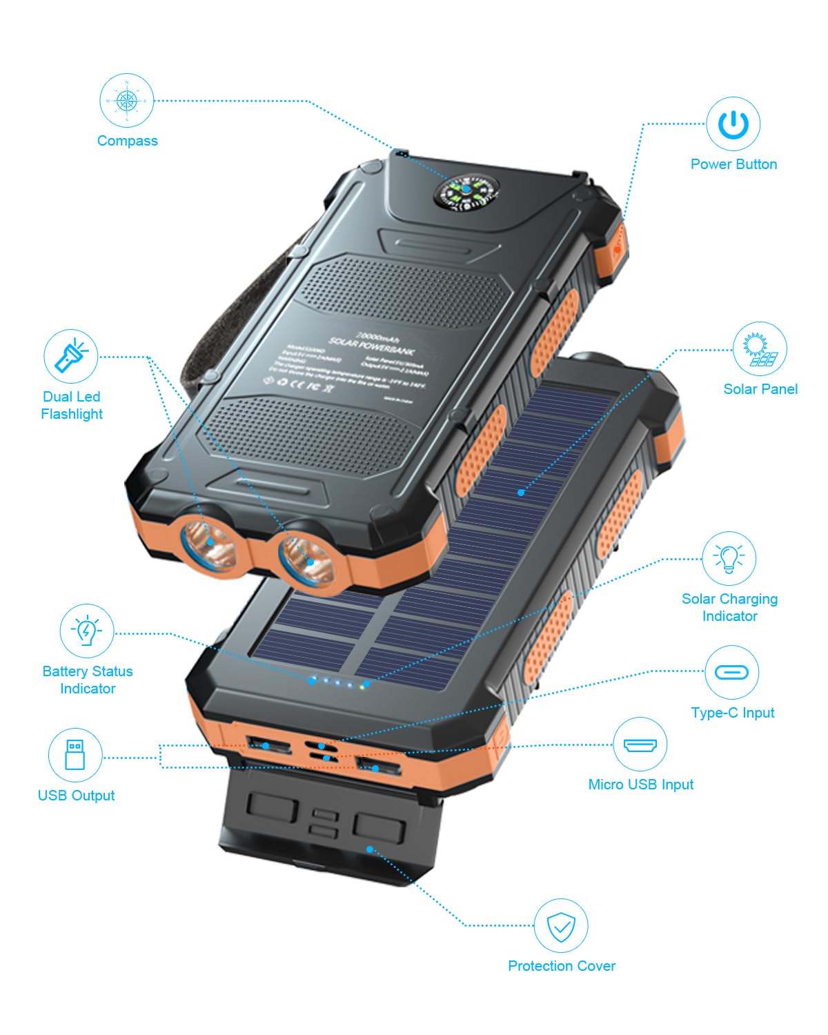 Power Bank Solar 20000 MAh - Cargador Exterior Con Cables Integrados, Linterna Y Múltiples Puertos USB