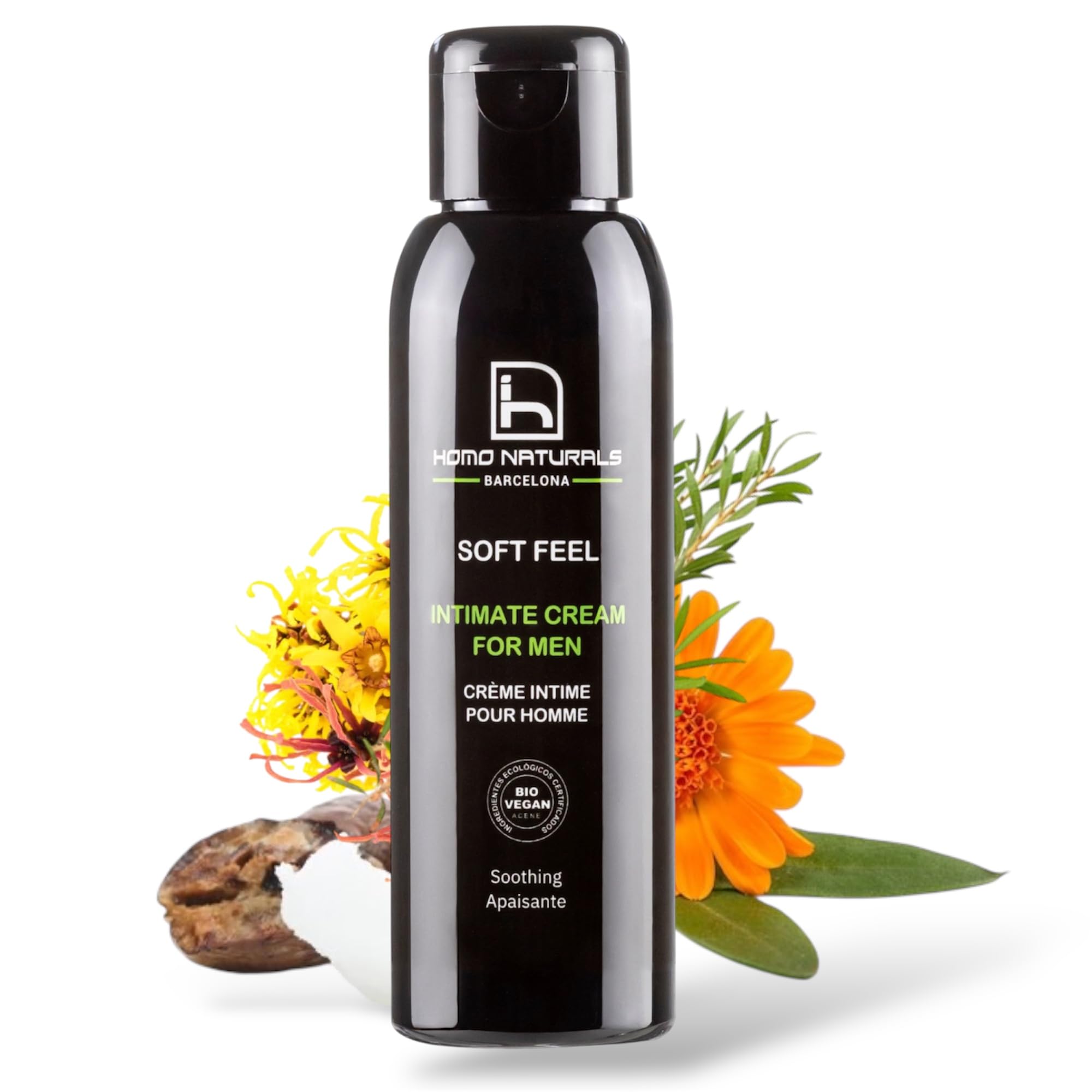 Homo Naturals Soft Feel - Crema Íntima Hombre - Hidratación y Protección Diaria Zona Íntima Masculina - Con Aloe Vera, Caléndula y Hamamelis - Cuidado Íntimo para Hombres Vegano y Ecológico - 100 ml