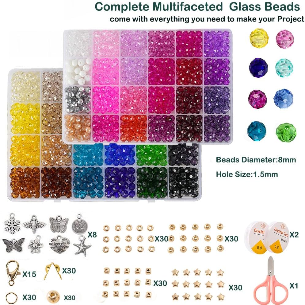 Faceted Glass Beads, 8mm 1400pcs+ Fancy Crystal Beads for Jewelry Making, Bracelet Necklace Earring Craft, Beading Supplies, Home Decor, Crafts Gifts for Girls Ages 6-12 - Image 2