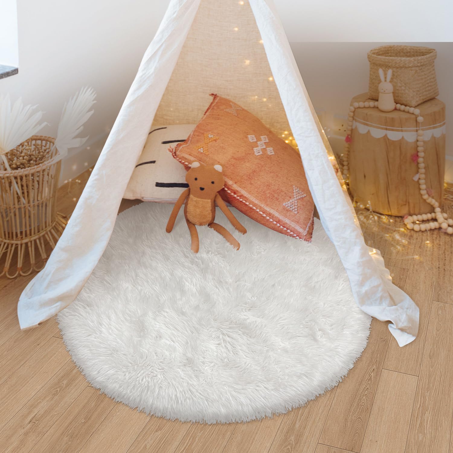 White Round Area Rugs Fluffy Rug for Bedroom Shaggy Circle Rug, Soft Furry Carpet for Teen's Room Aesthetic Décor Circular Rug for Baby Nursery Dorm Living Room Playroom Home Decor (White)-picture-31