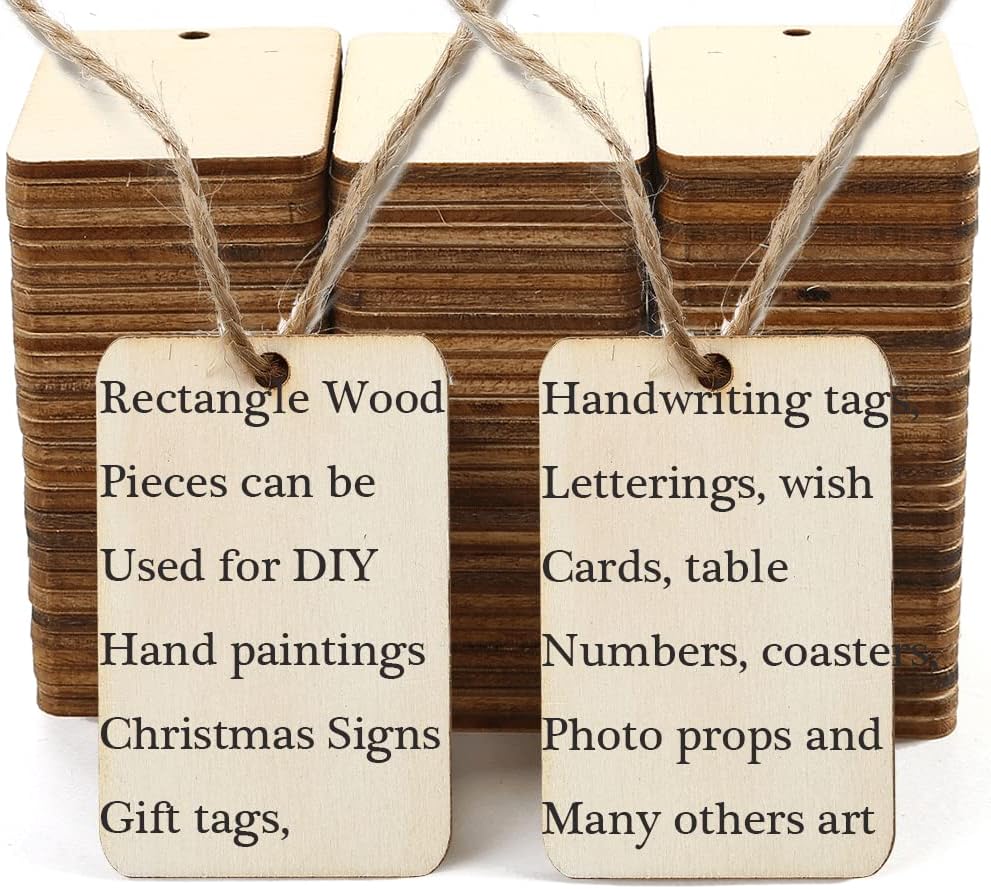 115 Pcs Unfinished Wood Pieces Rectangle-Shaped, HOOMBOOM 2 x 1.3 inch Light Wooden Cutout Natural Rustic with Hemp Rope, for Holiday Craft Projects, Hanging Decorations, Painting, Staining
