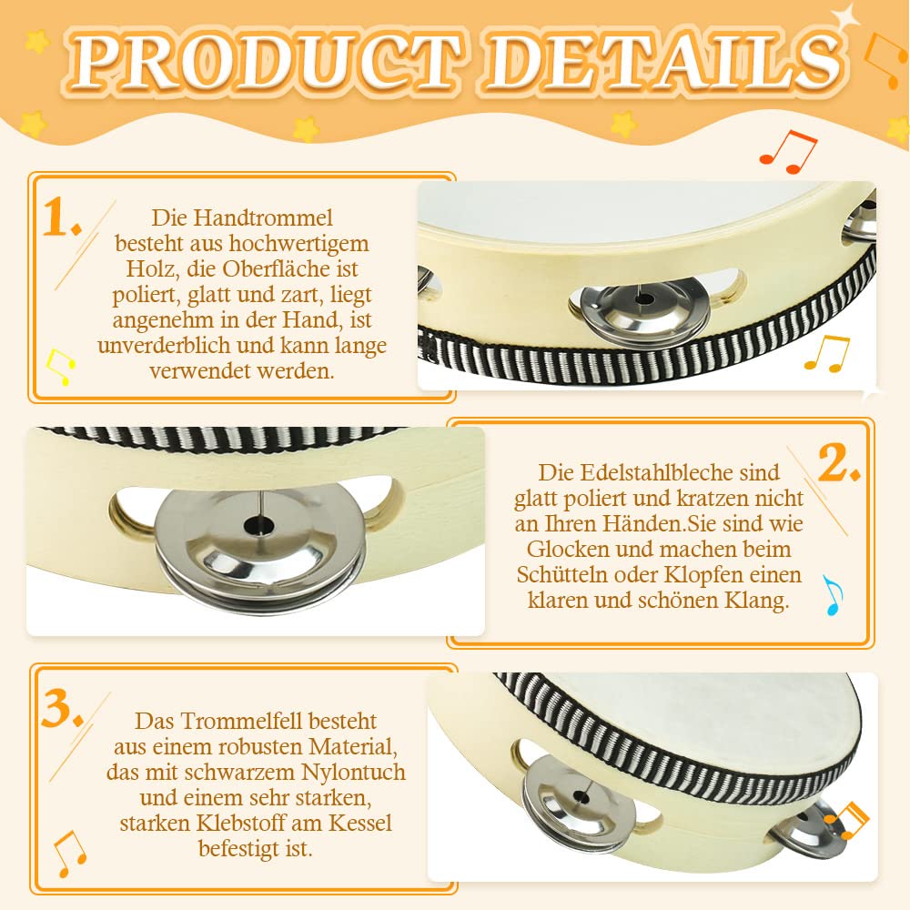 VGECEE Tamburin 20 Cm Für Kinder - Holz Handtrommel Mit 2 Schlägeln & Tüchern