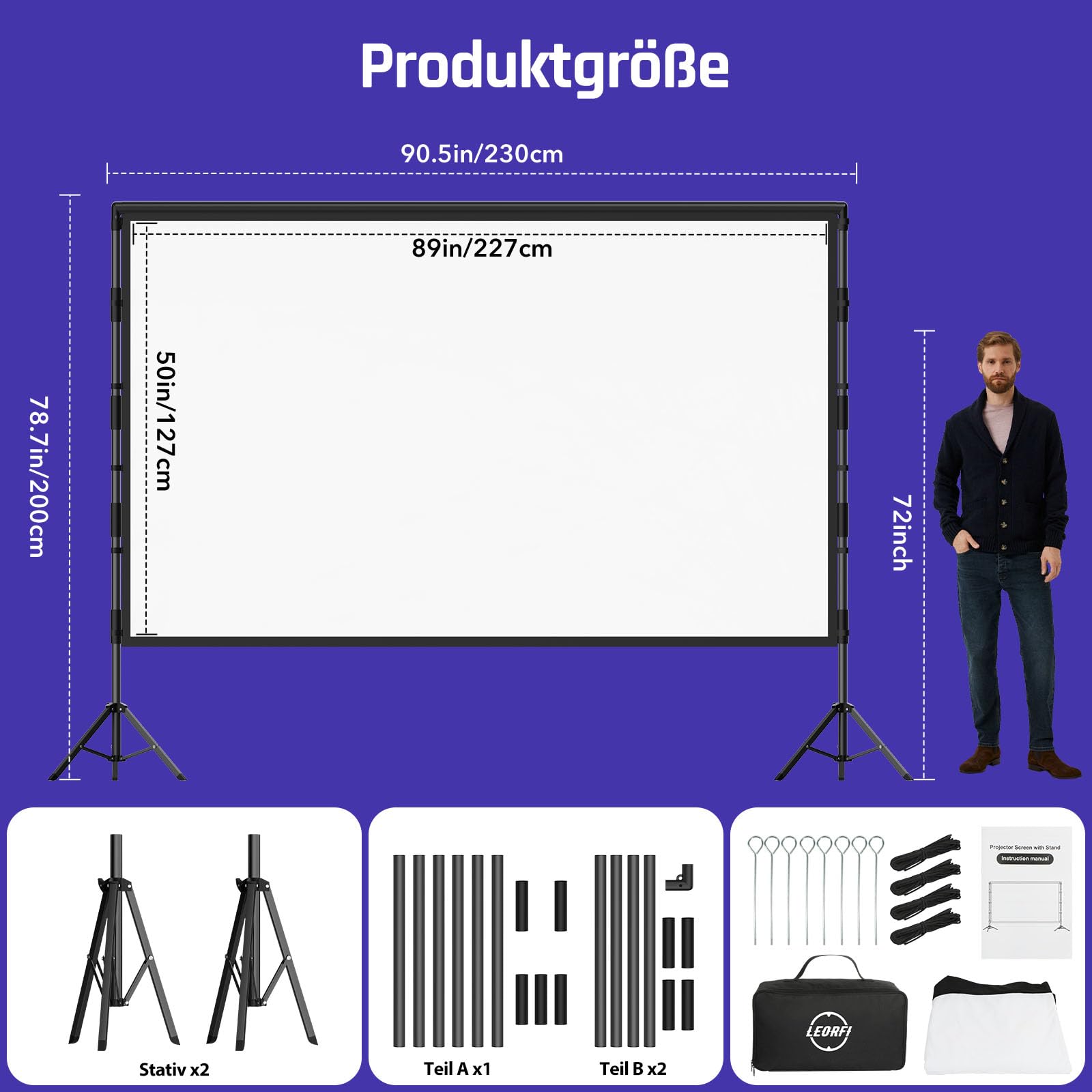 Schermo per proiettore con treppiede, 100 pollici, per esterni, portatile, con borsa per il trasporto, leggero schermo di proiezione per interni, anteriore/posteriore, schermo per cinema 16:9