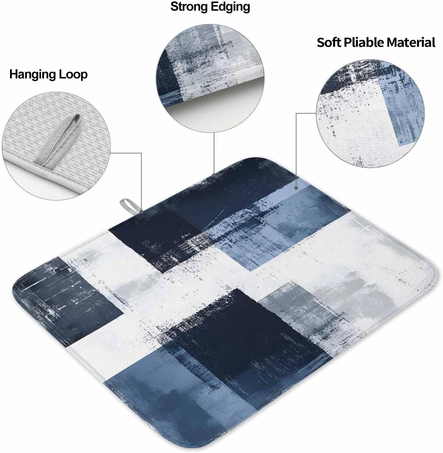 Dish Drying Mat Set of 2 Modern Geometric Microfiber Absorbent Reusable Washable Dish Drying Rack Mat Nautical Navy Blue Coffee Mat for Coffee Maker Bar Kitchen Countertops 16x18inch