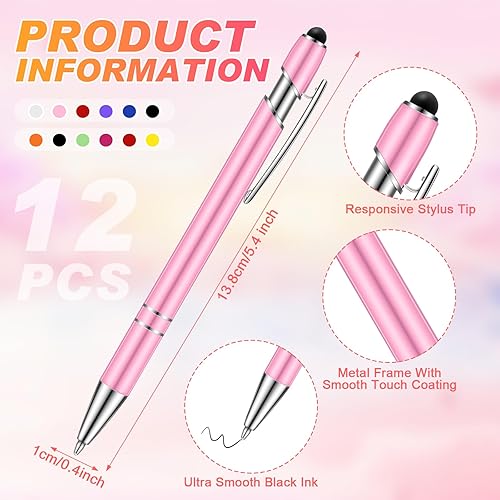 Miniatura 44 de 12 bolígrafos con punta de lápiz capacitivo, 0.039 in de tinta negra, bolígrafo de metal para pantallas táctiles, bolígrafo 2 en 1 (cian y oro rosa)