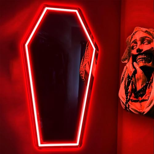 Coffin Neon Mirror, Neon Signs for Wall Decor, Gothic Mirror Gift for Goth Lovers, Whimsical Goth Home Decor, Witch Bedroom Decor 23β³Γ13β³ - Large - Red Coffin Mirror