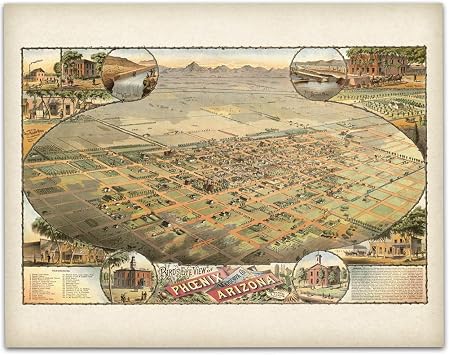 1885 Phoenix Arizona Vintage Map 11x14 Unframed Poster - Antique Birds Eye View Map of Phoenix Cityscape, 1800s Retro Wall Art, Historical Cartography for Home Office, Library, Study Room Decor