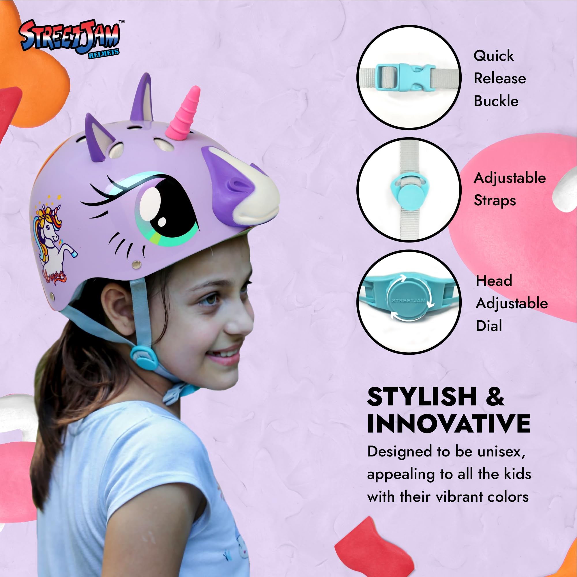 STREETJAM Magic Unicorn Open Face Sports Helmet for Kids, Hard PP Outer Shell, EPS Inner Comfort Linner case, Adjustable Strap & Adjuster Dial, Unisex Helmet for Cycling (5-8 Years, Light Purple) 1