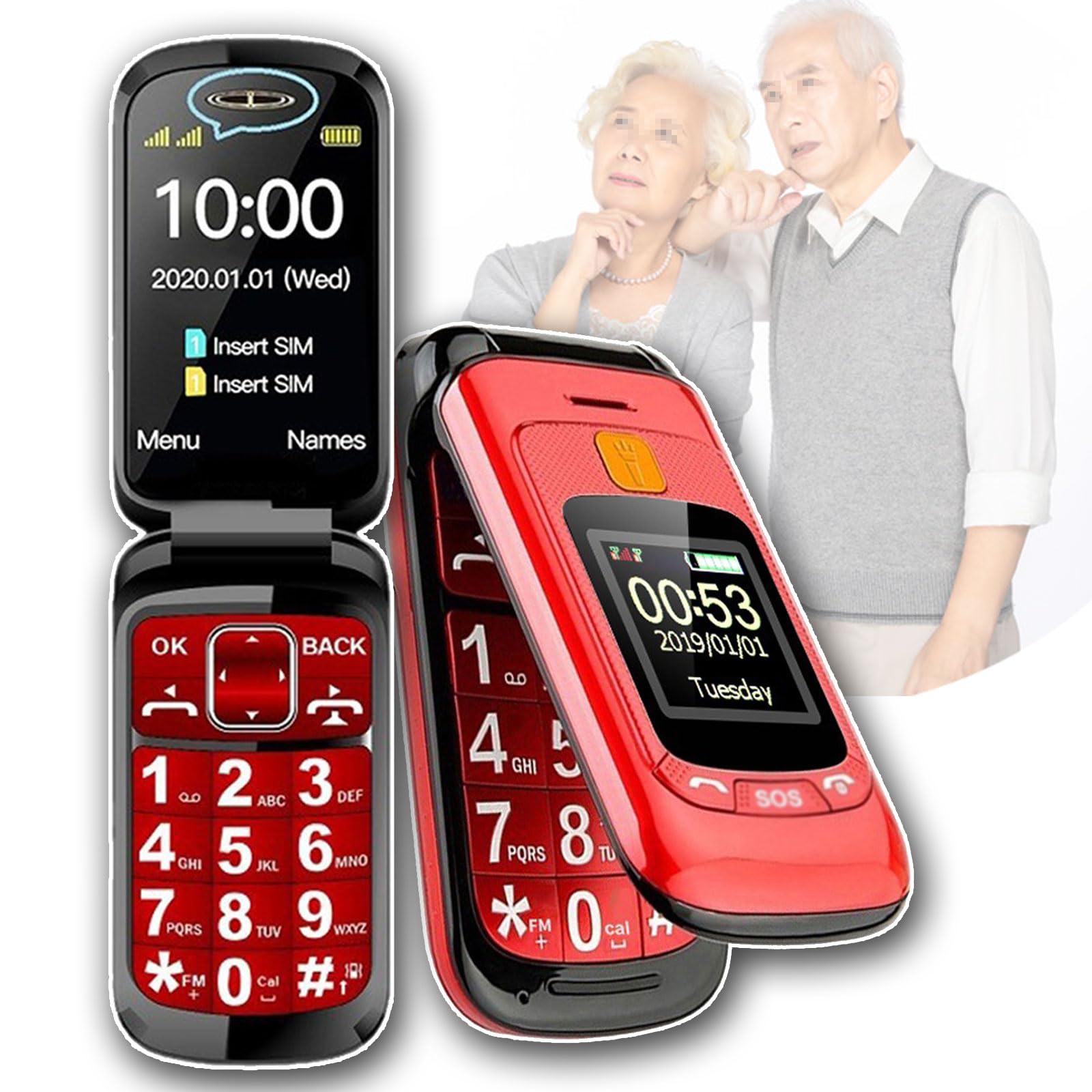 Duży Czcionkowy Telefon Komórkowy Osób Starszych, Odblokowany Telefon Komórkowy Klapką Podwójna Karta SIM Podwójny Tryb Gotowości+Funkcja SOS+Duże Przyciski Czysty Dźwięk,Red