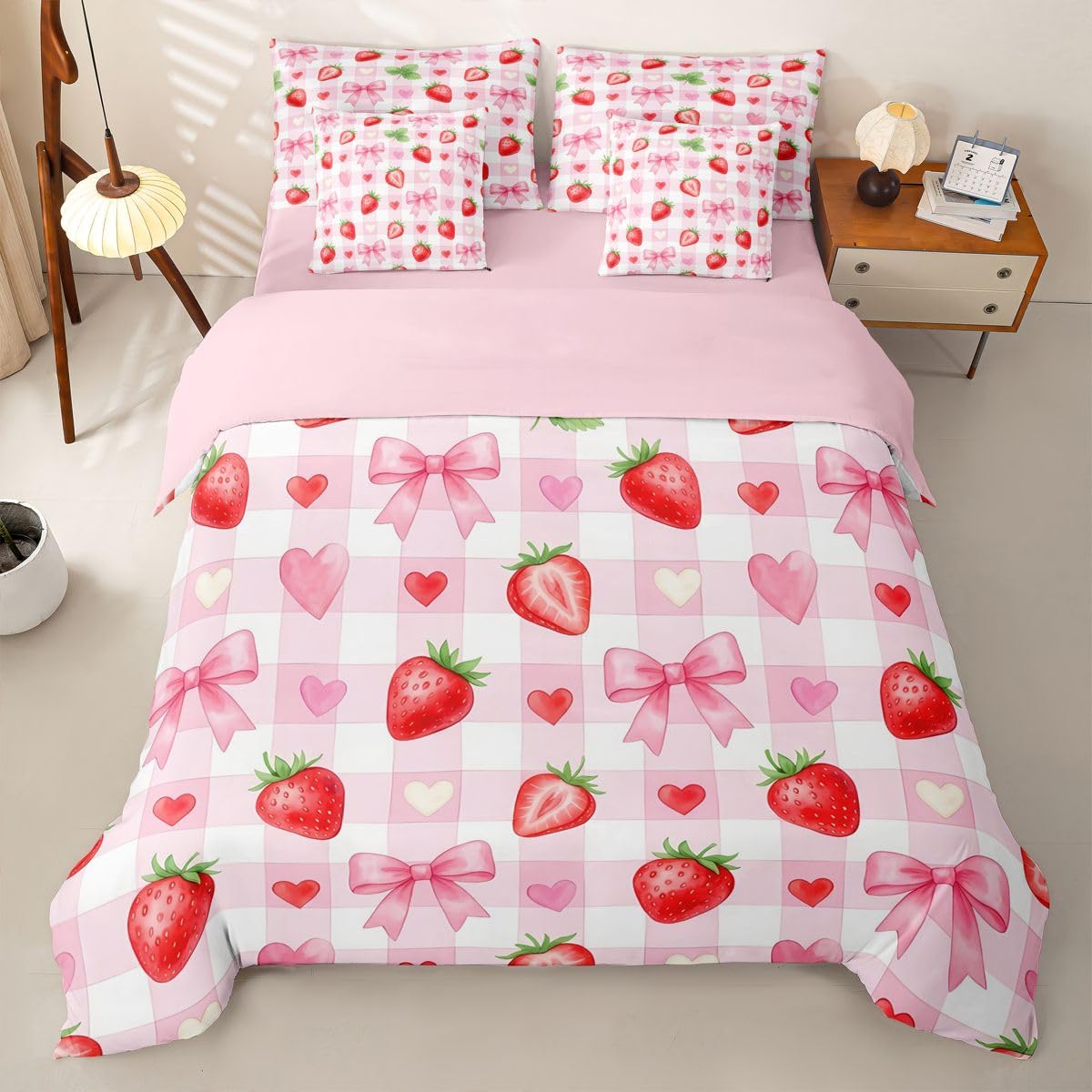 Loussiesd Różowa kokarda super king poszewka na kołdrę z prześcieradłami dla dzieci chłopców dziewcząt truskawka 7 sztuk zestaw pościeli urocza kokardka łóżko w torbie kawaii dekoracja pokoju miękka