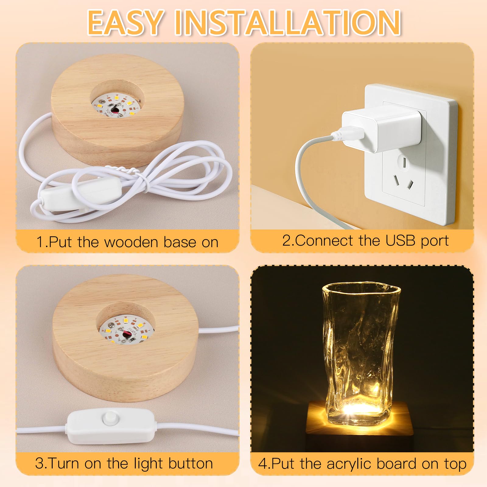 Cokół LED, 4 sztuki, drewniany, kwadratowy/okrągły cokół LED do szkła akrylowego, cokół świetlny z kablem USB do kryształowej kuli, szkła, akrylu (ciepłe światło)