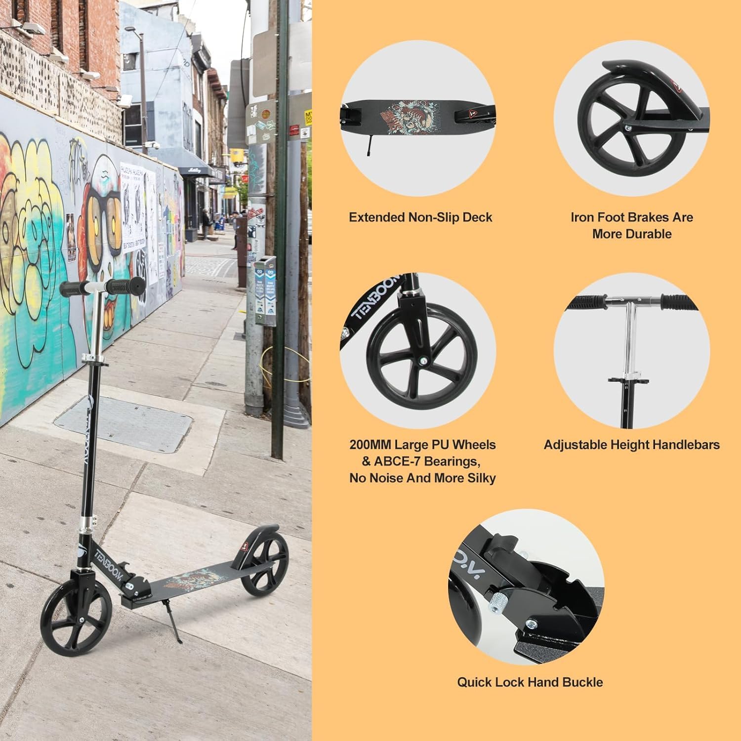 Foldable Kick Scooters for Kids 8-12, 8" Wheels with Shock Absorption, 4-Level Adjustable Height, 240 lbs Capacity, Rear Brakes & Lightweight Design for Commuting, School & Park Rides, Black