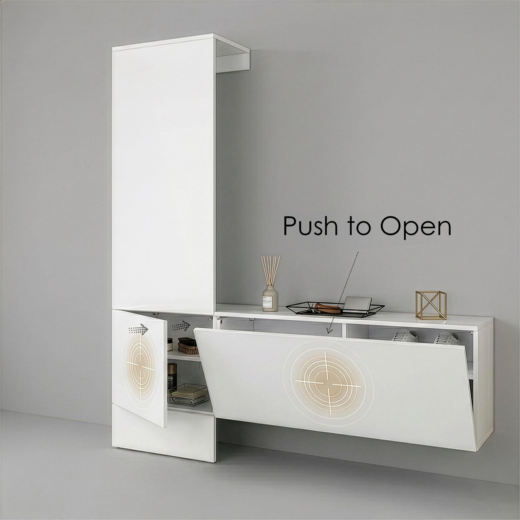 Garderoben-Set Nivo, Minimalistische Flurgarderobe mit Push-to-Open, Made in Germany Eingangsmöbel, Weiß matt (52 x 193 x 35 cm)