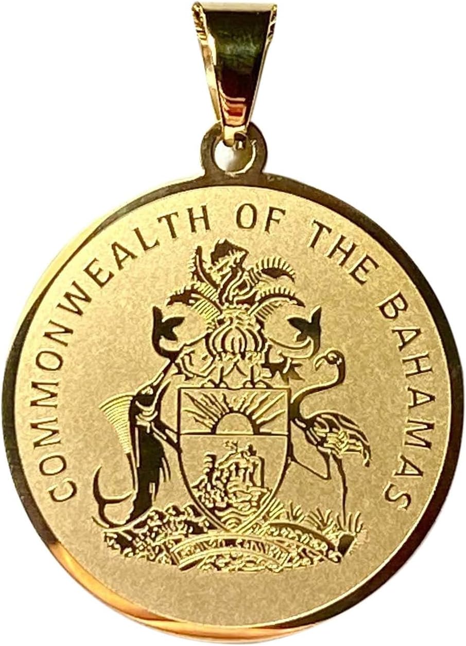 Men Women Bahamas Gold Coin Pendant Necklace – 925 Italy 14K White Gold Finish, Commonwealth Peso Design, Stainless Steel 2.5mm Rope Chain