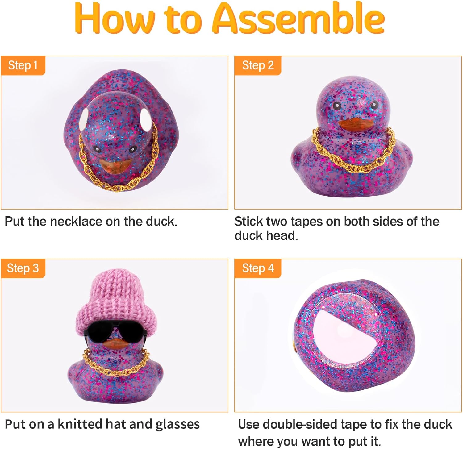 wonuu Car Dashboard Glitter Rubber Ducks, Festival Decorations Rubber Ducky for Car Ornament Cute Duck with Knit Hat, Glasses, Necklace, Blue