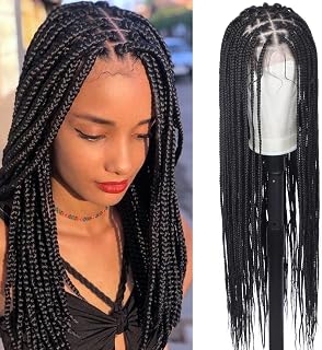 13x7 Lace Front Knotless Box Braided Wigs, Synthetic Fiber, Black, 34 inch