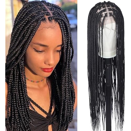 13x7 Lace Front Knotless Box Braided Wigs, Synthetic Fiber, Black, 34 inch
