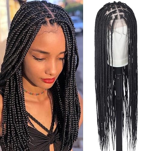 Alebery Pelucas trenzadas de encaje frontal sin nudos de 13 x 7 pulgadas para mujeres negras, totalmente hechas a mano, ligeras, sintéticas,