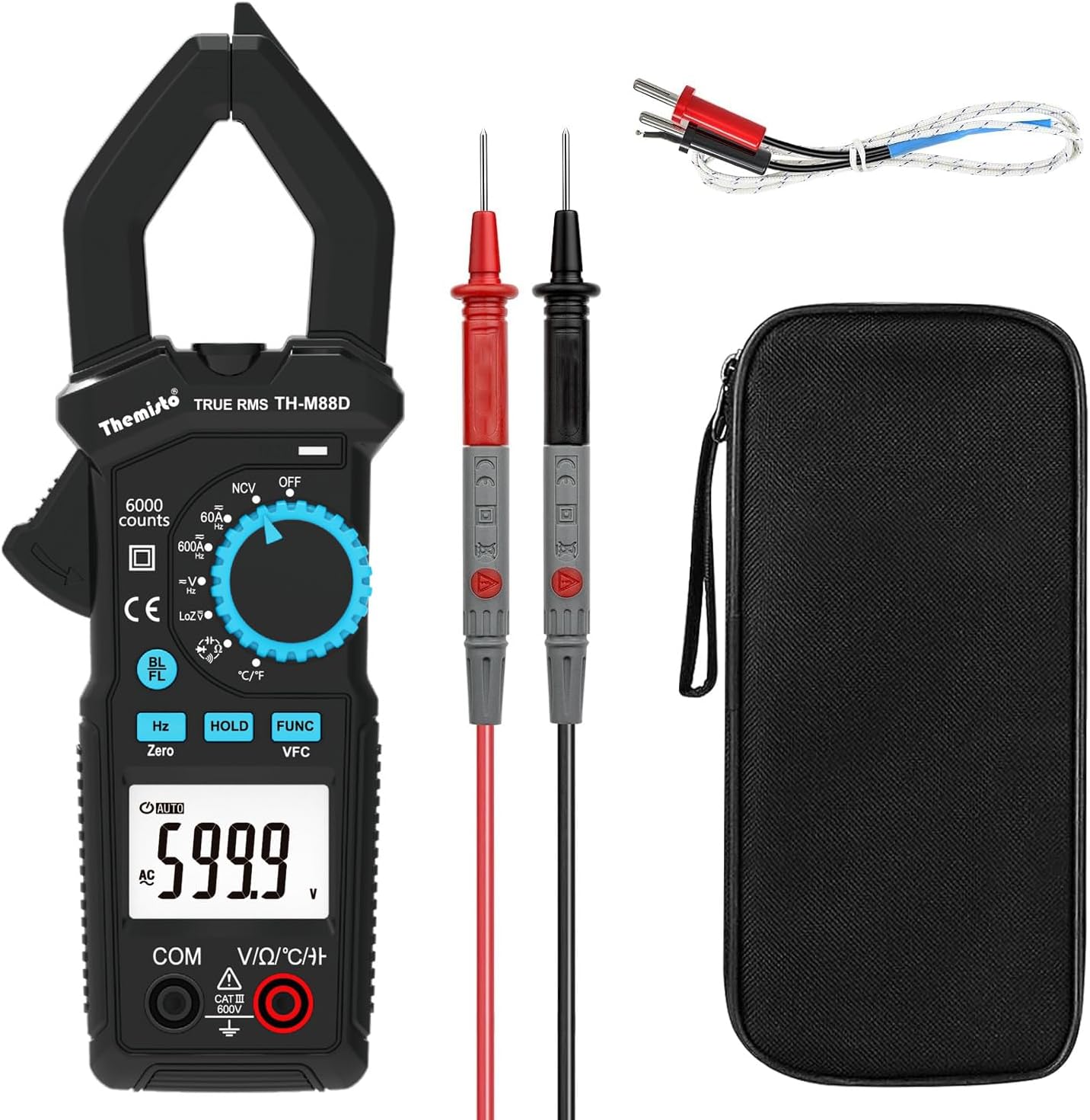 Themisto TH-M88D Auto Range, AC/DC Current, True Rms Digital Clamp Meter (600A,6000 Counts), Black