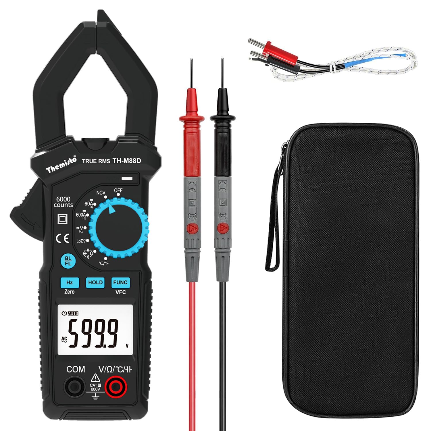 Themisto TH-M88D Auto Range, AC/DC Current, True Rms Digital Clamp Meter (600A,6000 Counts), Black