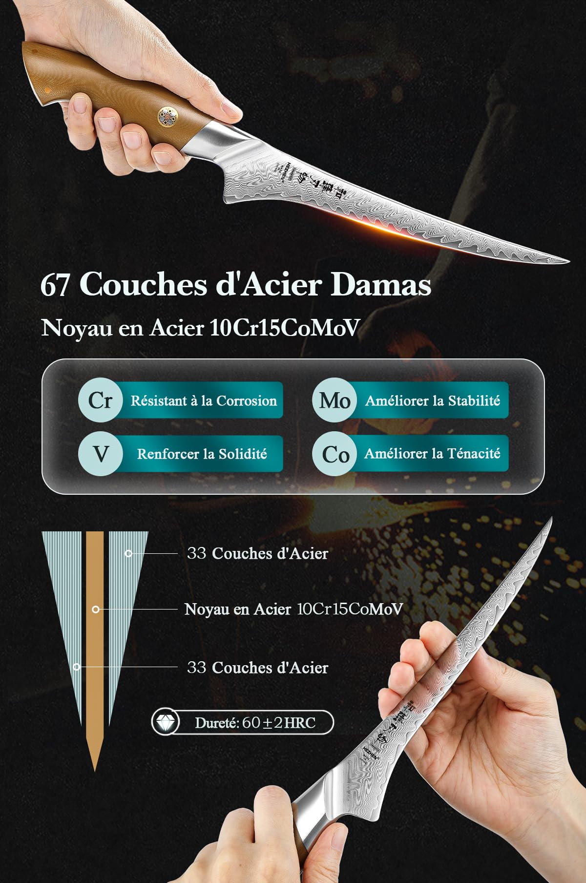 HEZHEN Couteaux à Filet,Couteau à Désosser Damas en Acier Damas 67 Couches,Couteau à Poisson Professionnel