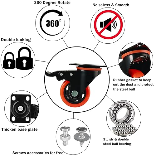 Miniatura 2 de Juego de 4 y 8 ruedas giratorias resistentes de bloqueo (4 x 4 pulgadas, naranja)