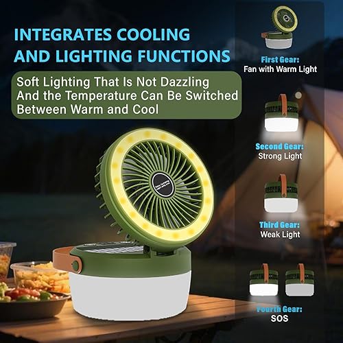 Miniatura 3 de Ventilador de campamento con energía solar, 3 velocidades con 4 modos de luz, carga USB y solar, ventilador solar portátil para tienda de campaña,