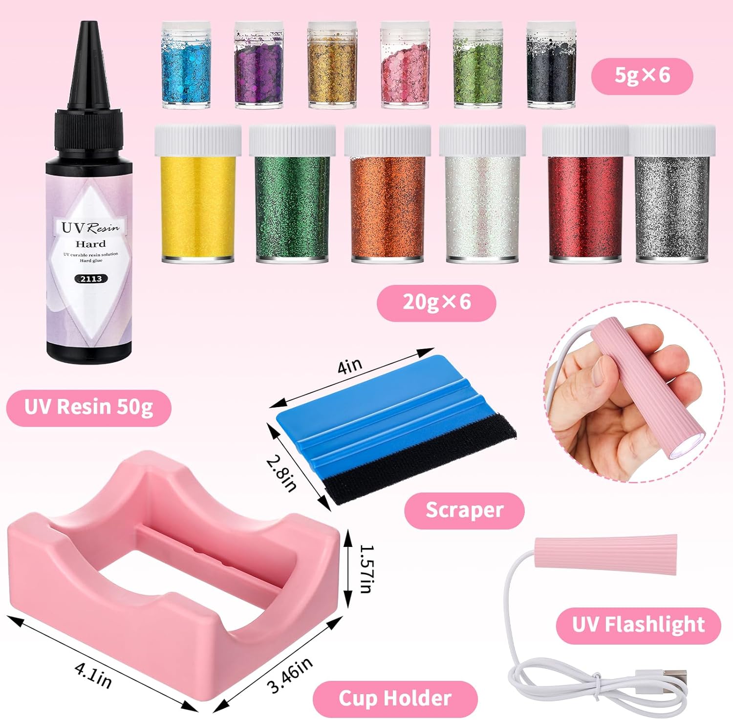 Skylety 4 Pack Snow Globe Tumbler Supplies Kit 16oz DIY Pre Drilled Double Wall Glass Cup 12 Colors Glitter Squeeze Bottle Funnel Tweezer Bent Syringe UV Resin Flashlight Cup Holder Scraper(Clear)