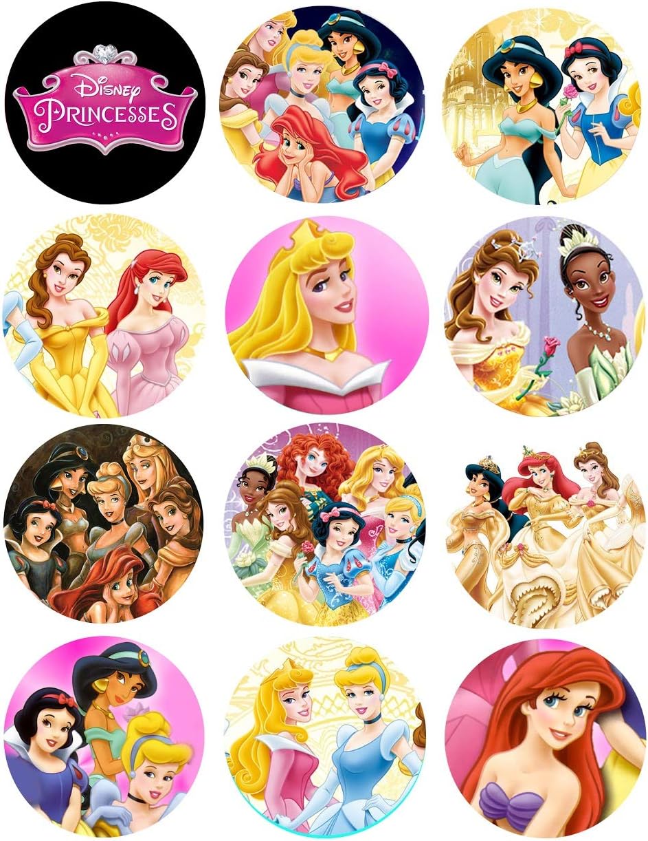 Princesses Party Favors Supplies Decorations Collectible Metal Pinback Buttons, Large 2.25” -12 piece set, cool to wear on backpacks and jackets