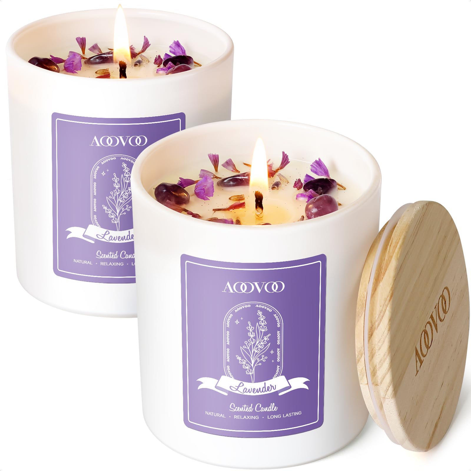 AOOVOO Lavender Scented Candle Set 2 Pack - Aromatherapy Candle with Crystals Inside, 20oz Soy Candles for Home Scented, Birthday Gifts Mothers Day Candle for Women Mom