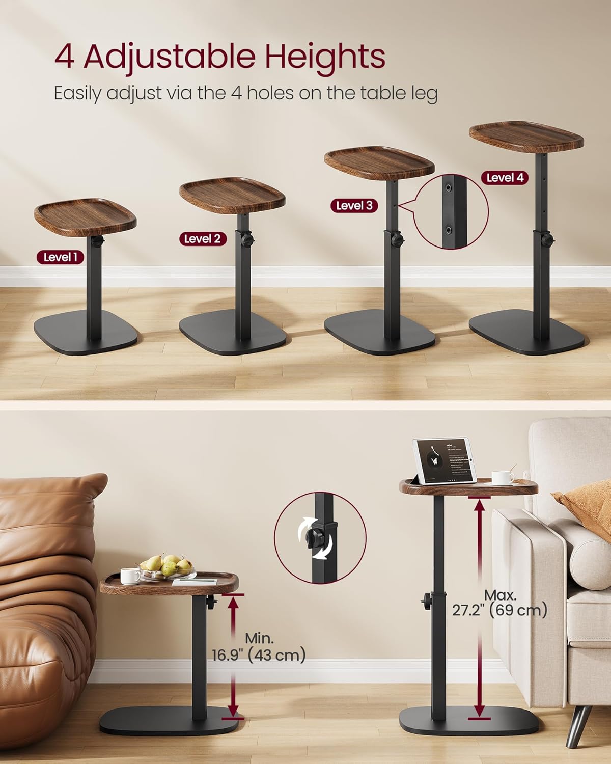 VASAGLE Couch Table, C-Shaped Sofa Side End Table, Bedside Table, Adjustable Height, for Small Spaces, 11.8 x 15.7 x 27.2 Inches, for Living Room, Bedroom, Walnut Brown and Ink Black ULET363M101