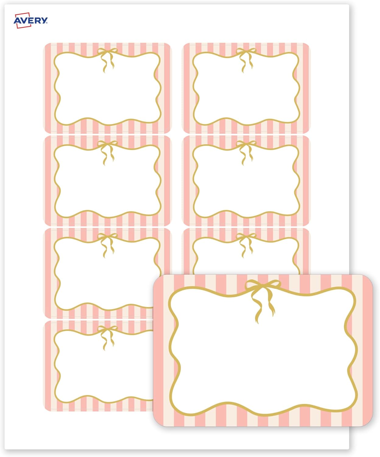 Avery Printable Adhesive Name Tags, 2-1/3" x 3-3/8", Matte White, Pre-Printed Pink Stripes/Metallic Gold Bow Design, Laser & Inkjet Compatible, 160 Total